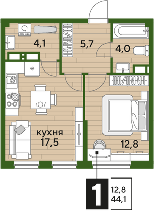 Продажа 1-комнатной квартиры 44,1 м², 12/16 этаж