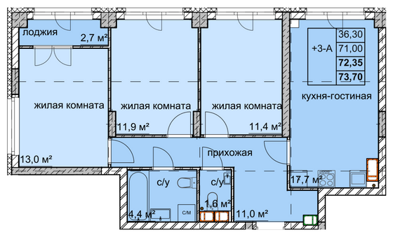 Продажа 3-комнатной квартиры 72,3 м², 15/15 этаж