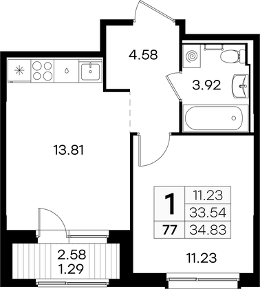 34,8 м², 1-комн. квартира, 7/9 этаж