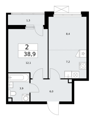 38,9 м², 2-комн. квартира, 2/18 этаж