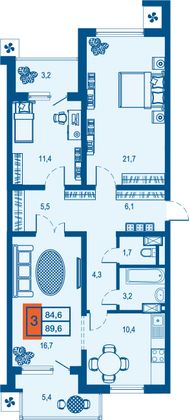 84,6 м², 3-комн. квартира, 3/23 этаж