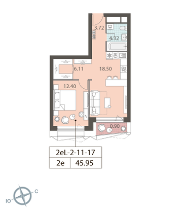 46,1 м², 1-комн. квартира, 17/22 этаж