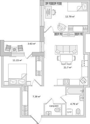 61,2 м², 2-комн. квартира, 7/21 этаж