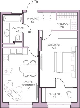 48,4 м², 1-комн. квартира, 10/18 этаж