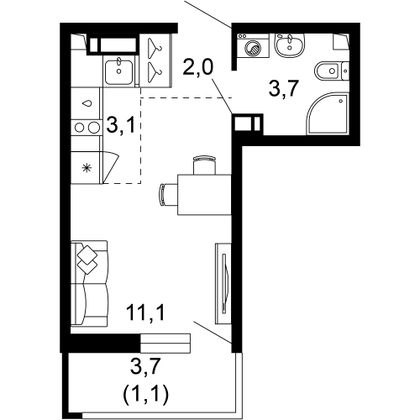 21 м², 1-комн. квартира, 15/17 этаж