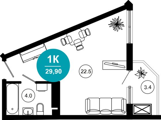 29,9 м², 1-комн. квартира, 6/10 этаж