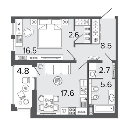 53,5 м², 1-комн. квартира, 8/8 этаж