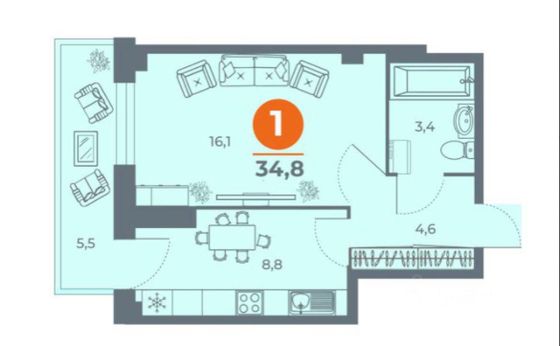 Продажа 1-комнатной квартиры 34,8 м², 16/20 этаж