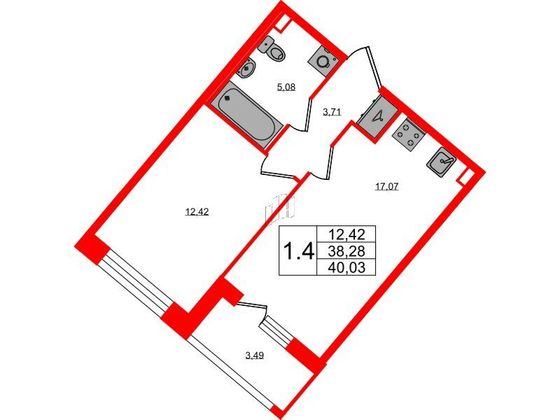 Продажа 1-комнатной квартиры 38,3 м², 1/4 этаж