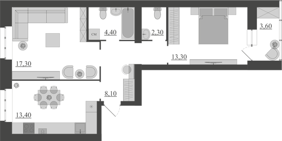 62,4 м², 2-комн. квартира, 1/6 этаж