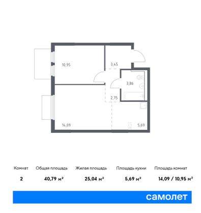 40,8 м², 2-комн. квартира, 6/17 этаж