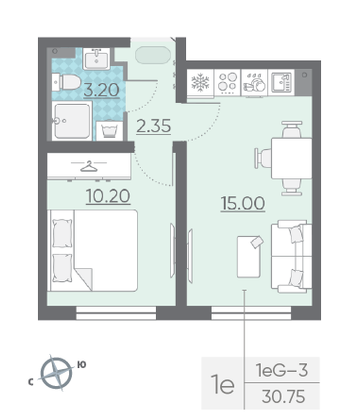 Продажа 1-комнатной квартиры 30,8 м², 15/25 этаж