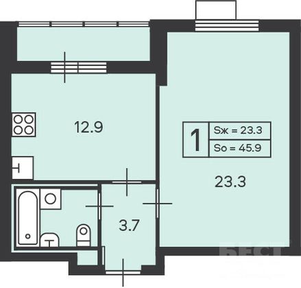 Продажа 1-комнатной квартиры 45,9 м², 22/47 этаж
