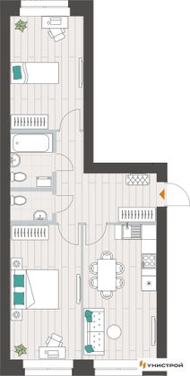 62,7 м², 2-комн. квартира, 2/10 этаж