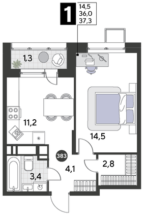 Продажа 1-комнатной квартиры 37,3 м², 15/21 этаж