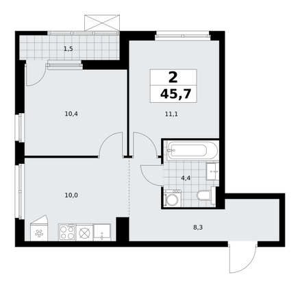 45,7 м², своб. планировка, 4/11 этаж