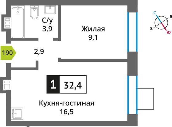 Продажа 1-комнатной квартиры 32,4 м², 5/6 этаж