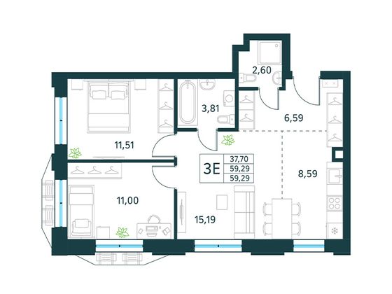 59,3 м², 3-комн. квартира, 2/30 этаж