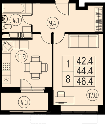 44,4 м², 1-комн. квартира, 12/17 этаж