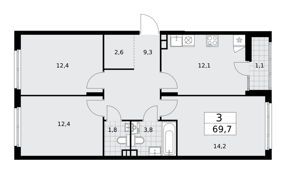 69,7 м², 3-комн. квартира, 14/15 этаж