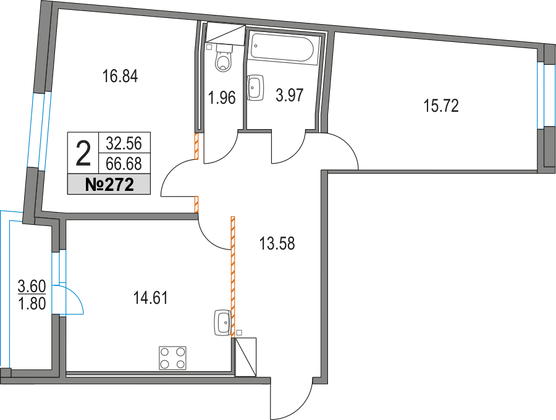 66,7 м², 2-комн. квартира, 6/16 этаж