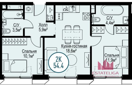 Продажа 2-комнатной квартиры 54,4 м², 4/8 этаж