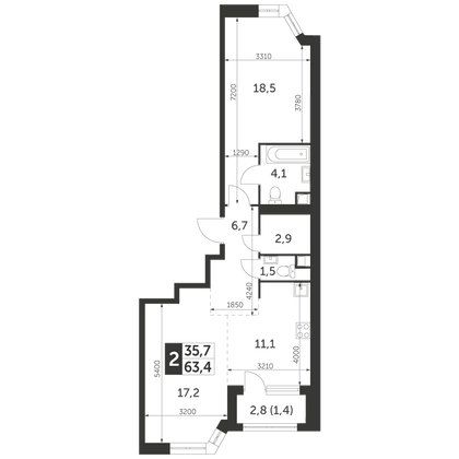 63,4 м², 2-комн. квартира, 35/47 этаж
