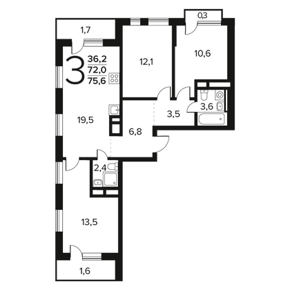 Продажа 3-комнатной квартиры 75,6 м², 5/14 этаж