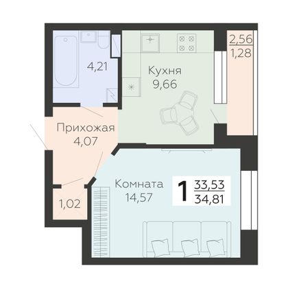 Продажа 1-комнатной квартиры 34,8 м², 9/10 этаж