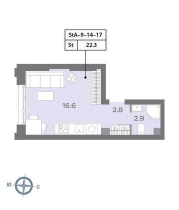 Продажа квартиры-студии 22,4 м², 17/32 этаж