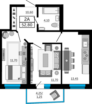 52,8 м², 2-комн. квартира, 2/21 этаж