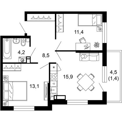 54,5 м², 2-комн. квартира, 2/17 этаж