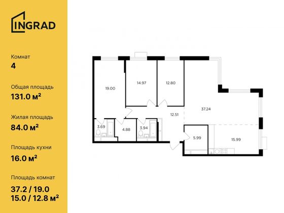 131 м², 4-комн. квартира, 27/27 этаж