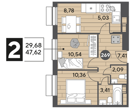 Продажа 2-комнатной квартиры 47,6 м², 2/15 этаж