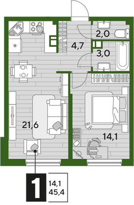 Продажа 1-комнатной квартиры 45,4 м², 9/16 этаж
