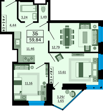 59,8 м², 3-комн. квартира, 22/26 этаж