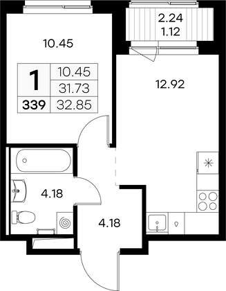 32,8 м², 1-комн. квартира, 5/9 этаж