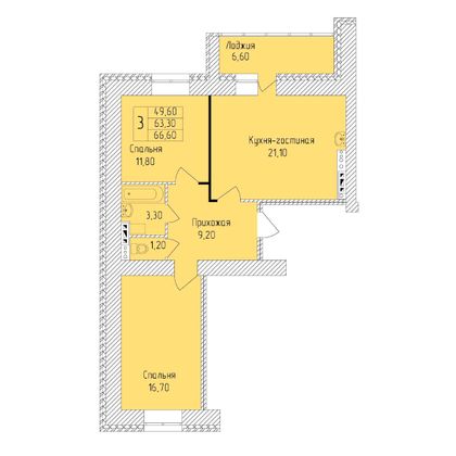 Продажа 3-комнатной квартиры 66,6 м², 2 этаж