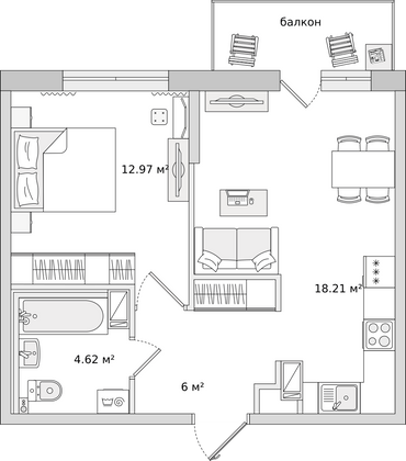 46,5 м², 1-комн. квартира, 2/16 этаж