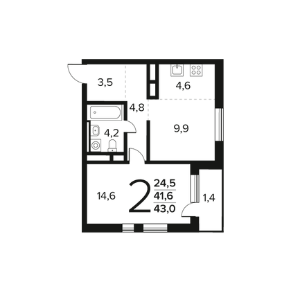 43 м², 2-комн. квартира, 7/14 этаж