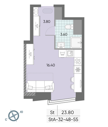 Продажа квартиры-студии 23,8 м², 53/58 этаж