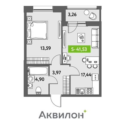 41,5 м², 1-комн. квартира, 2/12 этаж