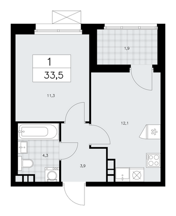 33,5 м², своб. планировка, 13/21 этаж