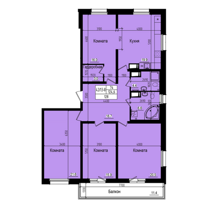 128 м², 4-комн. квартира, 3/23 этаж