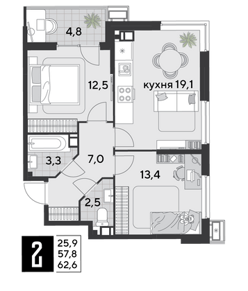 Продажа 2-комнатной квартиры 62,6 м², 9/9 этаж