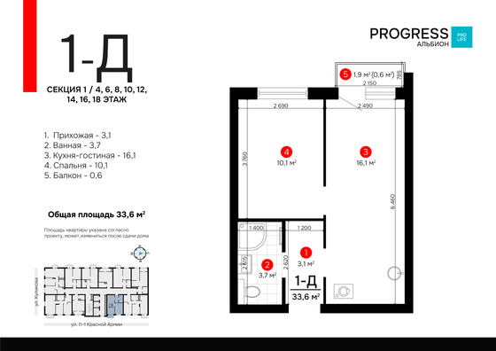 Продажа 1-комнатной квартиры 33,6 м², 12/22 этаж