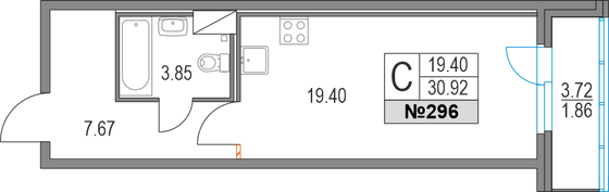 30,9 м², студия, 4/19 этаж
