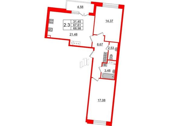 Продажа 2-комнатной квартиры 67,6 м², 3/12 этаж