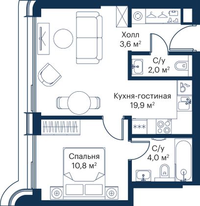 Продажа 1-комнатной квартиры 40,3 м², 41/53 этаж