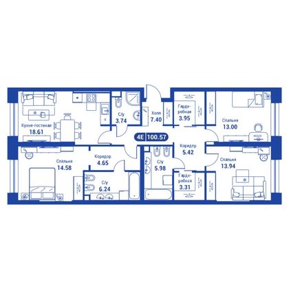 100,6 м², 4-комн. квартира, 2/24 этаж